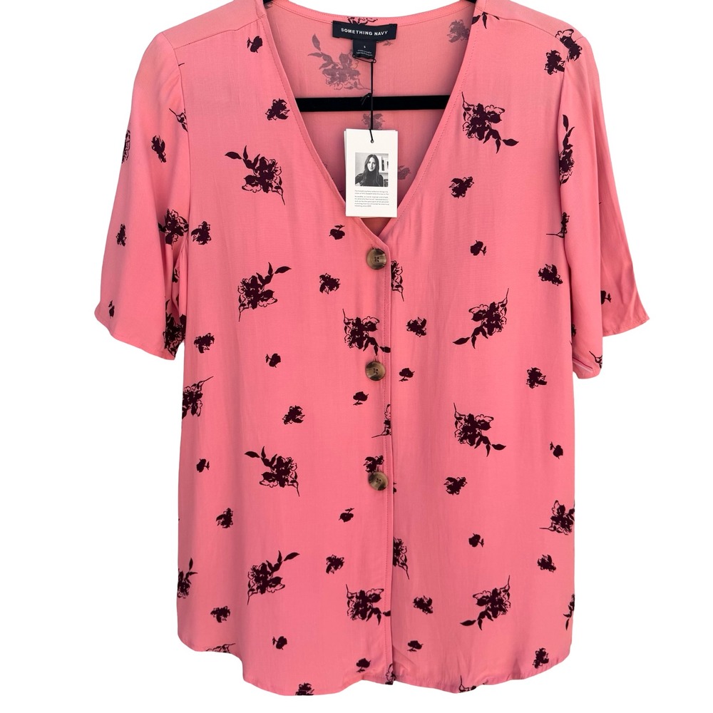 Something Navy Pink‎ Floral Button Front V-Neck Short Sleeve Flowy Blouse XS New